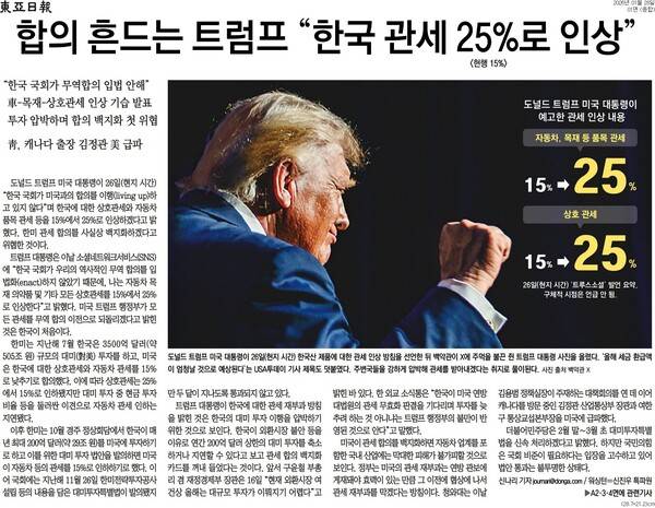 ▲28일자 동아일보 1면.