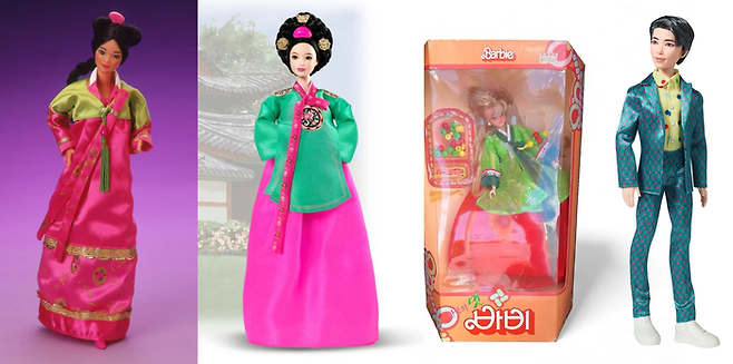 왼쪽부터 코리안 바비(1987), 한국 궁중 공주 바비(2004), 한국의 멋 바비(1987), 방탄소년단 RM 바비(2019년). [마텔·이베이]