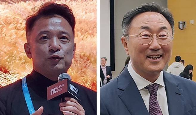 김택진 엔씨소프트 대표(왼쪽)와 박병무 엔씨소프트 신임 공동대표 ⓒ연합뉴스