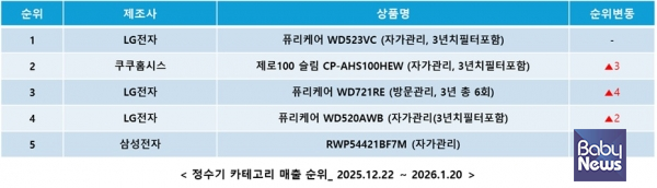 정수기 카테고리 관련 다나와 매출액 순위표. ⓒ다나와