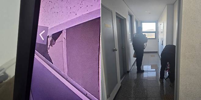 패딩 차림의 남성이 주머니에서 망치로 추정되는 물체를 꺼내는 모습(왼쪽), 해당 건물 내부에서 경찰이 과학수사를 진행 중인 모습. 스레드 갈무리