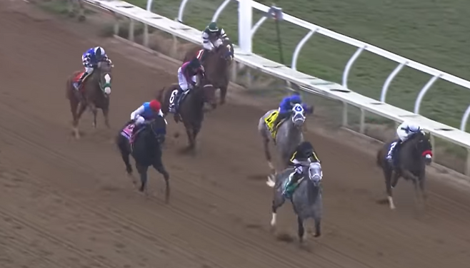 2021 미국 페가수스 월드컵에서 선두로 골인하는 닉스고 (한국마사회 경마방송 유튜브)