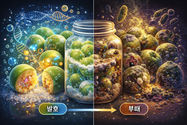 음식의 발효와 부패 모습을 그린 AI 이미지.