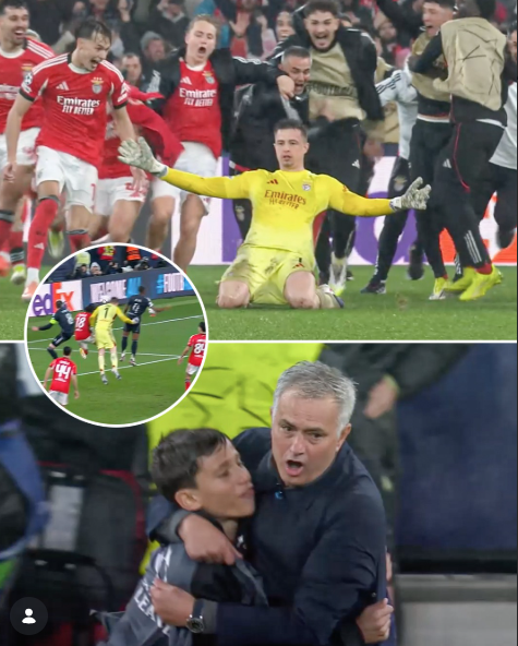 2025-2026 유럽축구연맹(UEFA) 챔피언스리그 리그 페이즈 8차전 조세 무리뉴 감독과 SL 벤피카 선수단이 레알 마드리드에 득점 후 기뻐하고 있다. ESPN FC 캡처