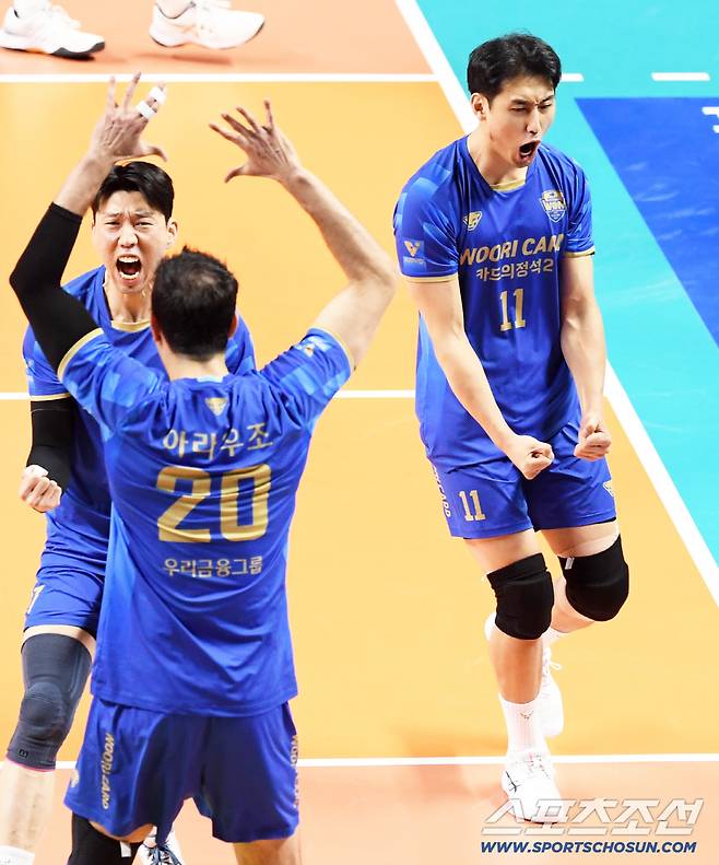 30일 장충체육관에서 열린 V리그 우리카드와 삼성화재의 경기. 우리카드 한성정이 득점 후 환호하고 있다. 장충=박재만 기자 pjm@sportschosun.com/2026.01.30/