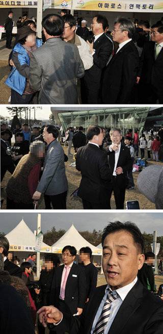 2011년 11월 12일 경기 성남시청 광장 행사장에서 이재명 당시 성남시장이 판교철거민대책위원회 회원들에게 폭행을 당했다. 당시 이 시장(오른쪽 두 번째)에게 달려드는 철거민(맨 위), 넥타이가 풀린 이 시장(가운데), 얼굴에 상처가 난 이 시장 수행비서(맨 아래) 모습. 동아DB