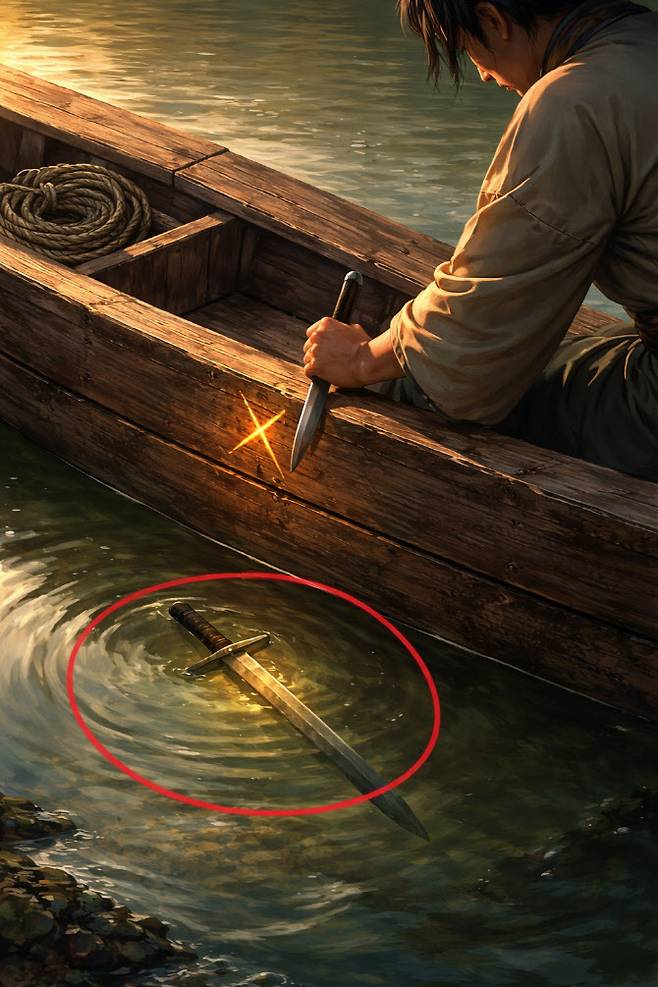 각주구검, 배가 움직였다는 사실을 잊고, 칼을 떨어뜨린 뱃전에만 표시해두었다가 나중에 그 자리에서 칼을 찾으려는 어리석음을 뜻하는 고사성어. 2025년 한국 스포츠에 딱 어울리는 말이었다. 사진=AI 생성