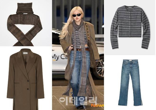 지난 23일 로제가 인천국제공항 제2여객터미널에 들어가는 모습과 로제의 착용 제품들 (사진=뉴스엔·각 사 판매 페이지 캡처)