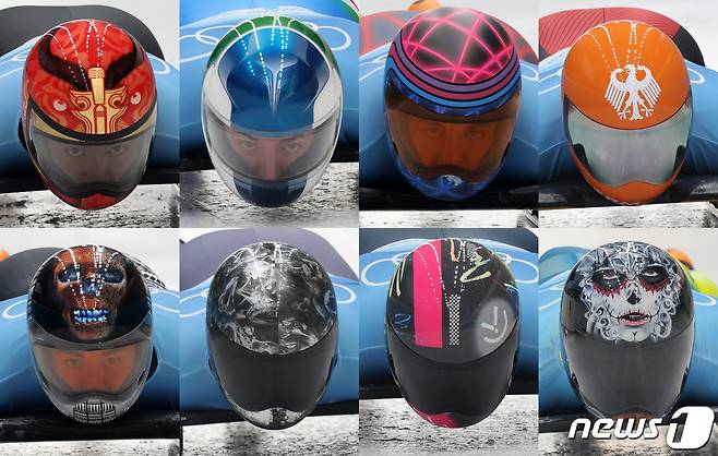 10일 중국 옌칭 국립 슬라이딩 센터에서 열린 2022 베이징 동계올림픽 스켈레톤 남자 2차 시기에 참가한 세계 각국의 선수들이 다양한 그림의 헬멧을 쓰고 있다. 2022.2.10/뉴스1 ⓒ News1 안은나 기자