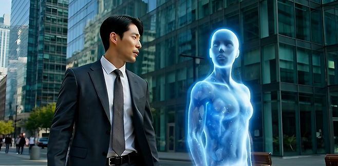 인공지능 플랫폼 ‘그록’에게 “인간과 AI가 대화를 나누며 도심을 걷는 영상”을 주문해 생성한 동영상 캡처 화면.