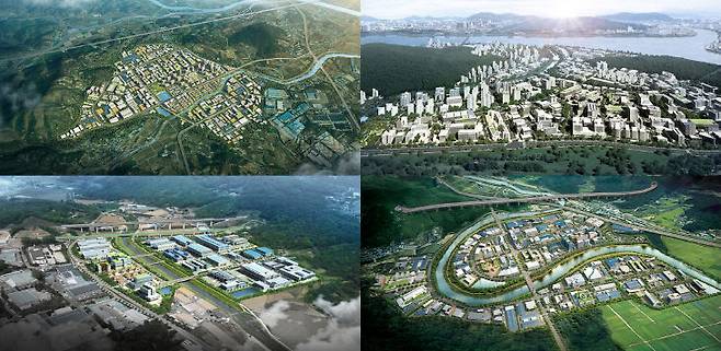 세종시에 조성 중인 산업단지 조감도. 왼쪽부터 시계 방향으로 스마트 국가산단, 테크밸리 도시첨단산단, 벤처밸리, 전동일반산단. 세종시 제공