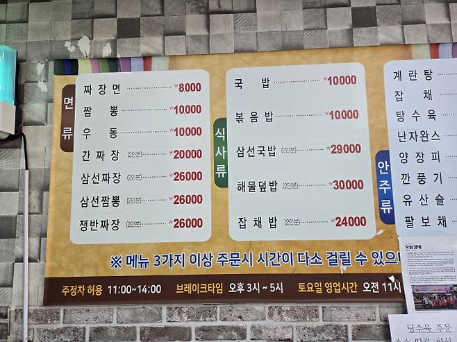 원재료비와 인건비, 임대료와 배달 수수료까지 전방위 비용이 높아지면서 자장면 가격이 빠르게 오르고 있다. 사진은 중식당 가격표.