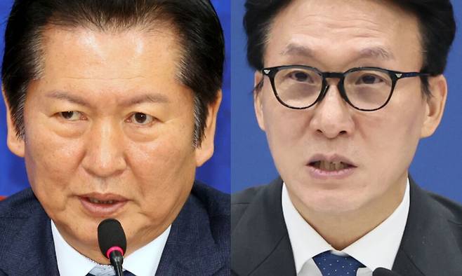 정청래 더불어민주당 대표(오른쪽), 김민석 국무총리. 한겨레 자료사진
