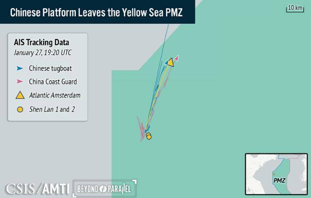 28일 오전 4시 20분 기준 중국이 서해 한중 잠정조치수역(PMZ)에 설치한 해상 관리 시설 '애틀랜틱 암스테르담'의 이동 경로. 전략국제문제연구소(CSIS) 홈페이지 캡처