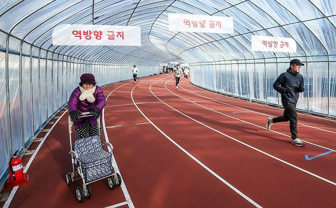 달리기 동호인들 뿐 아니라 지역 주민들도 산책을 위해 비닐하우스 트랙을 이용한다.