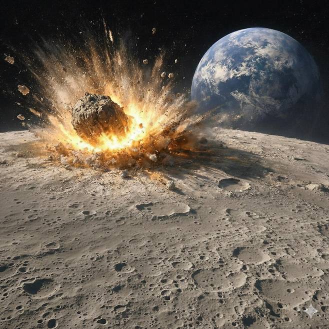 달 표면으로 소행성 ‘2024 YR4’가 낙하하는 상상도. 충돌 시 섬광은 지구에서도 관측 가능하다.  일러스트 | NEWS IMAGE