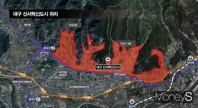 대구혁신도시는 경부고속도로 라인을 따라 길게 형성돼 있다. 이 같은 구조로 인해 인프라 조성이 분산되고 발전이 저해된다는 지적을 받는다. /그래픽=강지호 디자인 기자