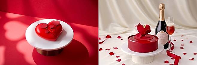 그랜드하얏트인천 에끌라 다무르 케이크(왼쪽), 풀만 앰배서더 서울 이스트폴 라무르 프랑브아즈 케이크(오른쪽). / 그랜드하얏트인천, 풀만 앰배서더 서울 이스트폴