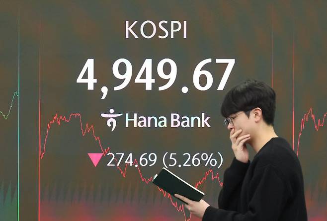 코스피가 미국 증시 약세 여파로 인해 5000선 아래로 떨어진 2일 서울 중구 하나은행 딜링룸 현황판에 코스피 종가가 표시돼있다 (사진=연합뉴스)