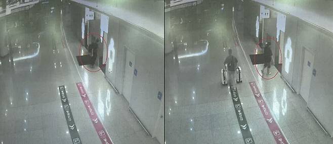 마약 운반책들이 인천국제공항 내 화장실에 들어가는 모습. /부산지검