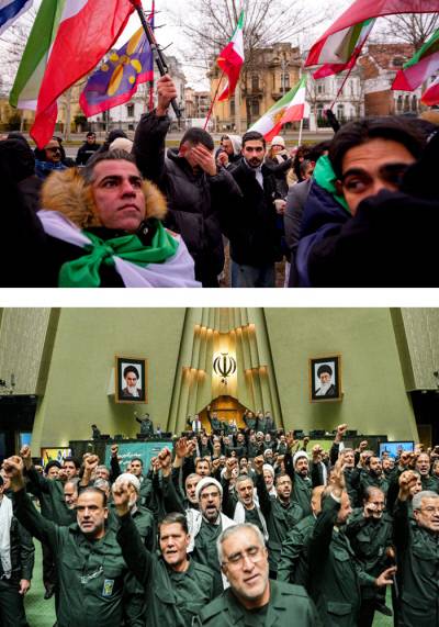 이란 국기 두른 시위대, 혁명수비대 제복 입은 국회의원들 1일(현지시간) 루마니아 부쿠레슈티의 이란대사관 앞에서 이란인들이 이란 내 반정부 시위 지지 집회를 하고 있다(위쪽 사진). 같은 날 이란 국영방송 ICANA는 테헤란의 의회에서 의원들이 혁명수비대 제복을 입고 구호를 외치는 장면을 공개했다.  AP·AFP연합뉴스