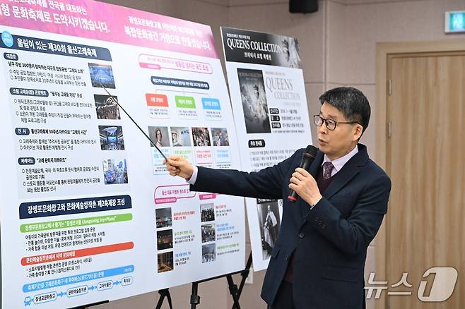 울산 고래문화재단 안경환 사무국장이 3일 남구청 프레스센터에서 재단의 3대 핵심 사업을 중심으로 한 통합 운영 전략 발표하고 있다.(울산 남구 제공. 재판매 및 DB금지)/뉴스1