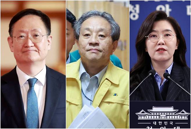 봉욱 청와대 민정수석(왼쪽)은 성동구와 서초구에 아파트와 다세대주택 지분, 문진영 사회수석(가운데)은 용산구 이촌동 아파트와 강남구 역삼동 상가 복합건물,부산에는 배우자 명의 단독주택을, 강유정 대변인(오른쪽)은 서울 서초구 반포동에 배우자 명의로 63억 짜리 아파트를 갖고 있다고 작년 9월 경실련이 발표했다./ 연합뉴스