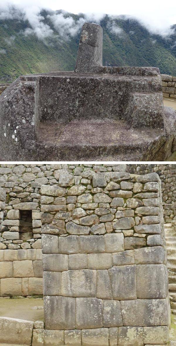 세계 어디서도 보기 힘든 뛰어난 석조 기술을 자랑하는 마추픽추의 석조물들. 돌을 부드럽고 매끄럽게 다듬은 해시계(위쪽)와 위와 아래가 확연히 달라 서로 다른 석조 기술이 겹쳐진 것으로 추정되는 석조물.