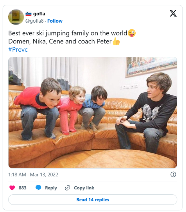 프레브츠 가문이 스키점프를 잘하는 이유. 피터 프레브츠가 동생들의 점프 자세를 봐주고 있는 사진이 SNS를 통해 퍼졌다. 사진=X