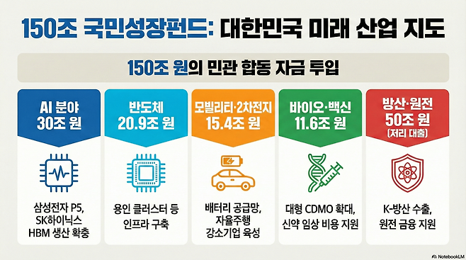 정부가 추진하는 150조 원 규모의 '국민성장펀드'의 1호 투자처 공개 이후 다음 수혜가 기대되는 반도체, 원전, 방산 등 국가전략산업 주요 종목들로 시장의 시선이 집중되고 있다.(구글 노트북 LM)