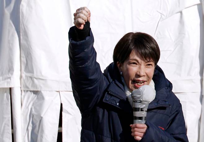 다카이치 사나에 일본 총리가 지난 3일 일본 사이타마현 우라와에서 열린 중의원 선거 유세에서 연설하고 있다. /EPA=연합뉴스