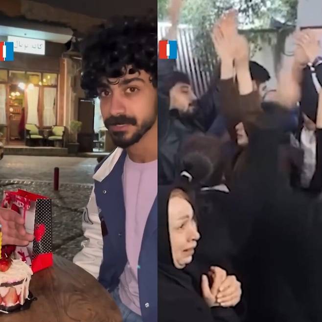 지난달 27일(현지시각) 영국 기반 이란 매체 이란 인터내셔널이 공개한 영상에서 이란 북부 지역에서 꽃집을 운영하던 27살 시나 하그셰나스(왼쪽)가 생전에 친구들이 열어준 생일 축하 파티에서 케이크의 초를 끄며 기뻐하고 있다. 시위 중 사망한 하그셰나스의 장례식에서 흥겨운 노래에 맞춰 손을 들고 춤을 추며 슬퍼하는 조문객들(오른쪽). 출처 이란 인터네셔널