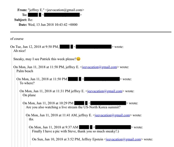 2018년 6월 11일 북미 정상회담 당시 미국 플로리다주 팜비치로 가기 위한 비행기에 탔다는 제프리 엡스타인의 이메일 기록. 팜비치는 도널드 트럼프 미국 대통령의 마러라고 리조트가 있는 곳이다. 미국 법무부 제공