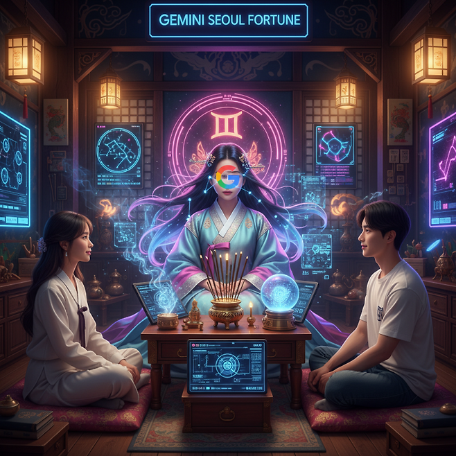 구글 제미나이로 점을 보는 모습을 형상화한 이미지. 나노 바나나