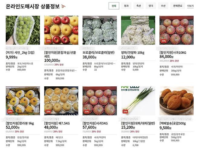 온라인도매시장에 올라와있는 농수산물 판매정보. 사진 농수산물 온라인도매시장 캡처
