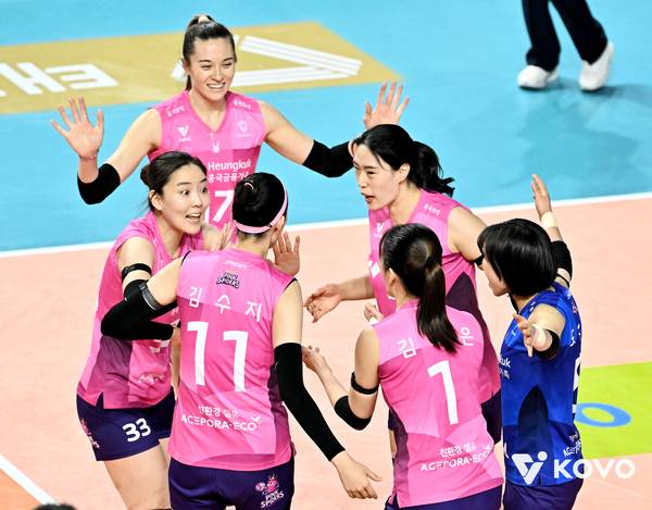 지난 1일 열린 페퍼저축은행전에서 승리한 인천 흥국생명 핑크스파이더스. /KOVO 제공
