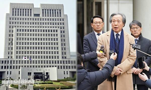 대법원(왼쪽)과 2심 선고 후 기자회견하는 정기석 이사장(오른쪽 가운데) / 사진출처=의학신문DB, 국민건강보험공단