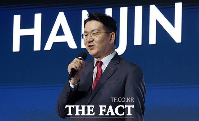 조원태 한진그룹 회장이 지난해 10월 서울 한남동 그랜드하얏트호텔에서 열린 '한진그룹 80주년 기념행사'에서 발언하고 있다. /임영무 기자