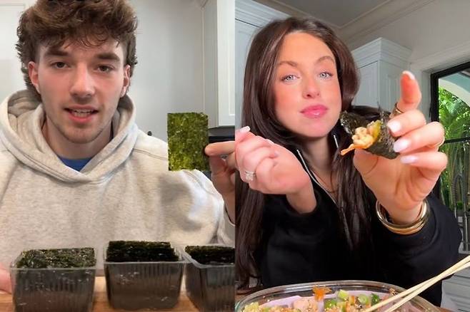 틱톡에 올라온 외국인들의 김 먹방 영상. 틱톡 캡처