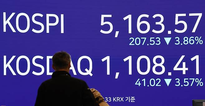 5일 서울 중구 우리은행 입구에 코스피 및 코스닥 지수가 표시되고 있다. /연합뉴스