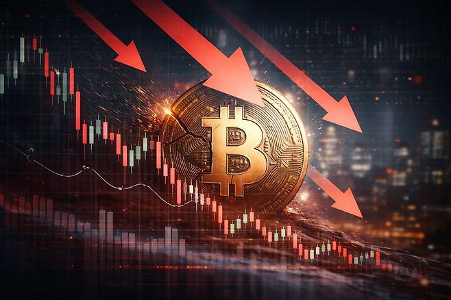 급락세를 보인 비트코인 가격 흐름을 형상화한 그래픽 이미지. 가격 하락을 나타내는 화살표와 비트코인 심볼이 함께 표현돼 최근 암호화폐 시장의 변동성 확대를 상징적으로 보여준다. 챗GPT 생성 이미지