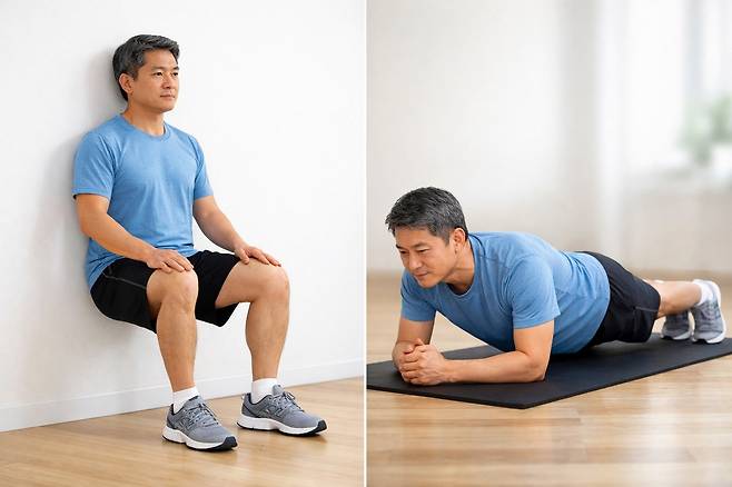 벽 스쿼트와 플랭크. 사진=AI 생성 이미지.