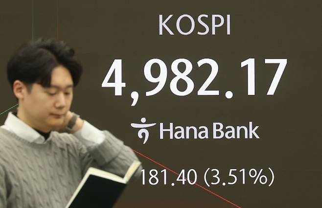 하락 출발한 코스피 - 코스피가 하락 출발한 6일 서울 중구 하나은행 딜링룸에서 직원이 업무를 보고 있다. 2026.2.6 연합뉴스