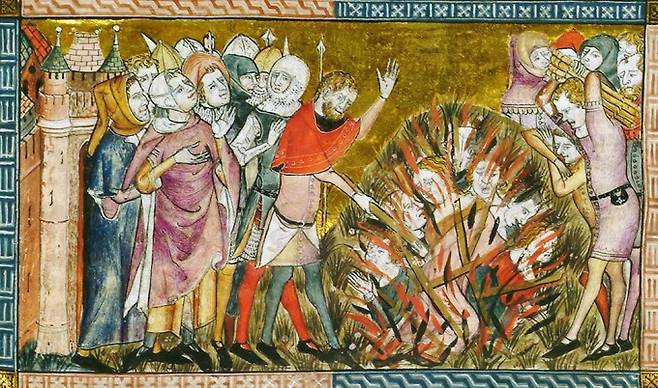 1349년 당시 독일 땅이었던 스트라스부르의 주민들이 흑사병 원인을 유대인의 죄로 몰아가 유대인 2000명을 학살한 사건을 그린 그림.KIK-IRPA(W) 제공