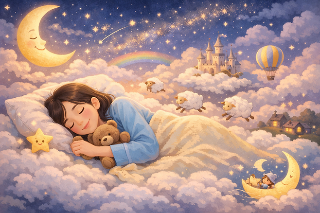 꿀잠, 행복한 잠자리, 포근한 침실을 키워드로 생성AI가 만든 이미지. [챗GPT]