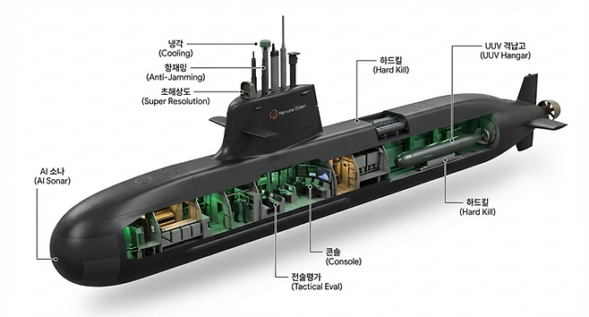 ▲한화오션이 건조 중인 장보고-Ⅲ 배치-Ⅱ 잠수함 3D 단면도에 11개 특허 기술의 적용 위치와 기능을 매핑한 종합 다이어그램. 인포그래픽=구글 생성형 AI