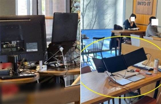 전자기기를 펼쳐놓고 업무나 공부를 하는 고객들. 이른바 ‘카페 빌런’으로 불린다. 커뮤니티 게시판