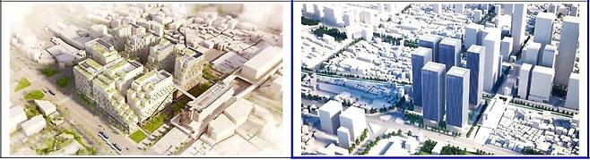 2017년 네덜란드 건축사사무소 ‘케이캅’(KCAP)이 설계한 세운4구역 국제설계현상공모 당선작(왼쪽)과 2023년 7월 용적률을 660%에서 1028%로 올린 뒤 나온 설계 대안. 천준호 더불어민주당 의원실 제공