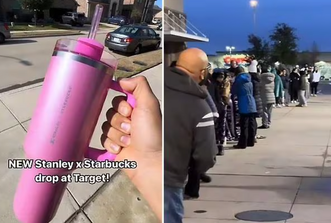 2024년 1월 미국 타겟 매장 앞에서 ‘스탠리X스타벅스’ 한정판 텀블러(왼쪽)를 사기 위해 사람들이 밤샘 대기를 하고 있다.