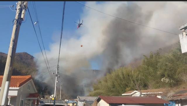 양산시 원동면 용당리 야산 화재 현장. 경남소방본부 제공